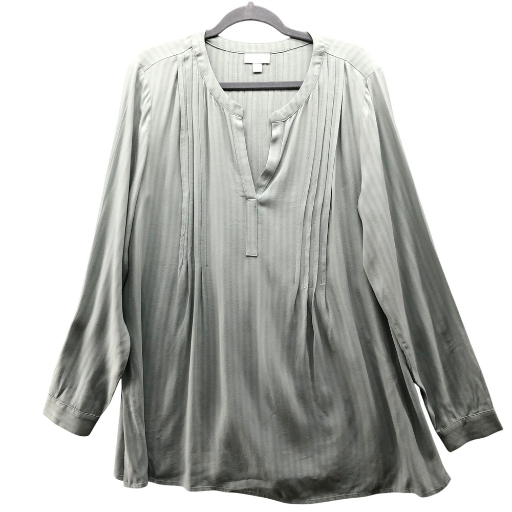 J Jill Pintuck Pleat Tunic Blouse Womens‎ M Sage Green Long Sleeve Split Neck
